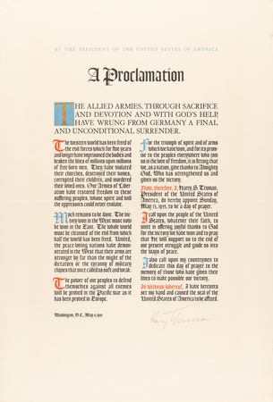 Lot #366 President Harry S. Truman Signed 1945 WWII Victory Proclamation Broadside - Image 1