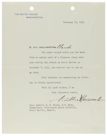 Lot #409 President Franklin D. Roosevelt Accepts a Birthday Gift Paperweight ?made from an engine part of a Japanese plane shot down during the attack on Pearl Harbor on December 7, 1941? - Image 2