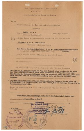 Lot #398 Rudolf Hess Nuremberg Trial Document Signed, Summoning a Witness for His Defense Against Charges of 