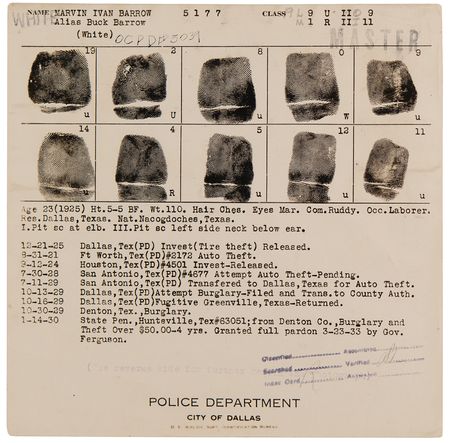 Lot #8115 Buck Barrow Mug Shot and Fingerprint Card: 