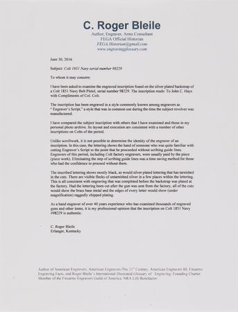 Lot #8010 Factory-Engraved Presentation Colt 1851 Navy Revolver Given by Samuel Colt to Legendary Texas Ranger John Coffee Hays, Serial No. 98229 - Image 17