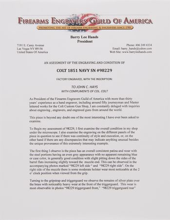 Lot #8010 Factory-Engraved Presentation Colt 1851 Navy Revolver Given by Samuel Colt to Legendary Texas Ranger John Coffee Hays, Serial No. 98229 - Image 19