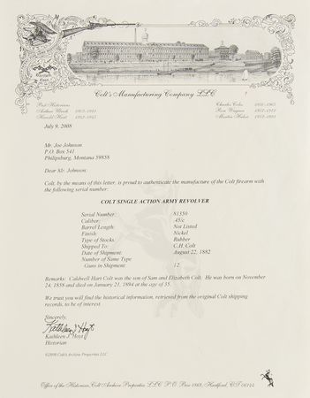 Lot #8036 Colt Single Action Army 'Peacemaker' Service Revolver Serial No. 81350 - From the Collection of Caldwell Hart Colt - Image 15