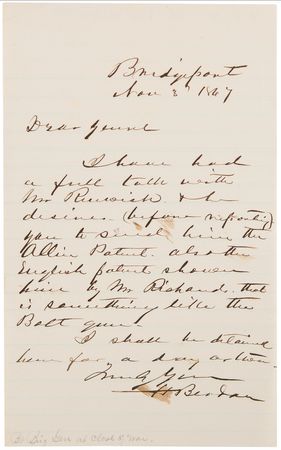 Lot #8016 Hiram Berdan Autograph Letter Signed on “the Bolt Gun” — Pushing for His Type 3 Trapdoor Design Amidst the Breechloading Arms Race - Image 1
