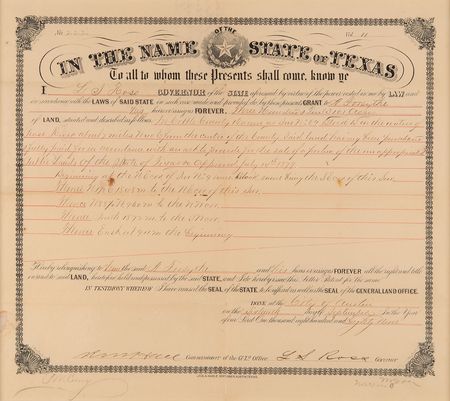 Lot #8022 Texas Land Grant Signed by Governor Lawrence Sullivan Ross (1889) - Image 2