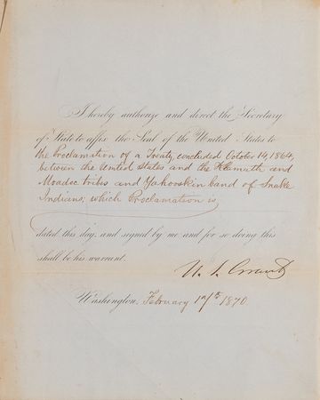 Lot #8081 President U. S. Grant Proclaims a Treaty for a New Tribal Reservation in Oregon - An Accord Destined to Ignite the Modoc War of 1872-73 - Image 1