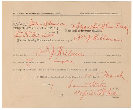 Lot #8055 Bill Tilghman Signed 'Oklahoma Territory' Document (1897) - Image 2