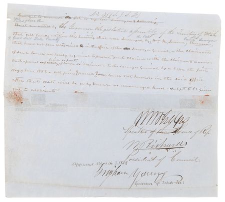 Lot #8011 Brigham Young Document Signed as Governor of Utah Territory, Announcing 
