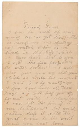 Lot #8040 [Jesse James] Robert Ford Autograph Letter Signed, Pawning His Watch, Pin, and Gun: 