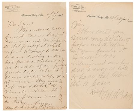 Lot #8044 [Jesse James] H. H. Craig (2) Autograph Letters Signed, Preparing to Arrest Jesse James: 