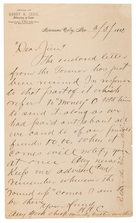 Lot #8044 [Jesse James] H. H. Craig (2) Autograph Letters Signed, Preparing to Arrest Jesse James: 