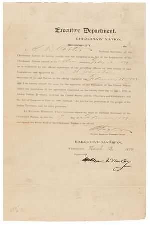 Lot #8094 William McKinley Document Signed as President, Authorizing an Act of the Chickasaw Nation - Image 2