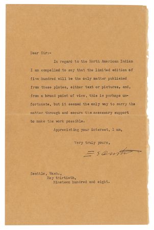 Lot #8097 Edward S. Curtis Typed Letter Signed on His Magnum Opus, 