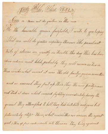 Lot #8070 Penobscot Indians: Letter Signed by Chief Athean, Asking Maine's Governor for Military Aid 