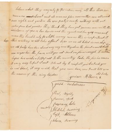 Lot #8070 Penobscot Indians: Letter Signed by Chief Athean, Asking Maine's Governor for Military Aid 