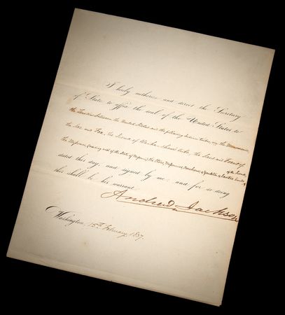 Lot #8068 Andrew Jackson Document Signed as President, Proclaiming Treaties with the Menominee, Sauk and Foxes, Otoes, Missouris, Omahas, and Sioux - Image 1