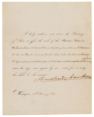 Lot #8068 Andrew Jackson Document Signed as President, Proclaiming Treaties with the Menominee, Sauk and Foxes, Otoes, Missouris, Omahas, and Sioux - Image 2