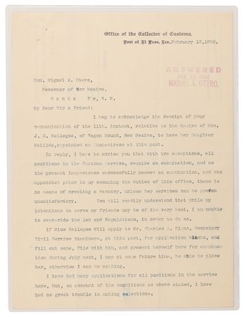 Lot #8057 Billy the Kid's Killer - Pat Garrett Typed Letter Signed: 