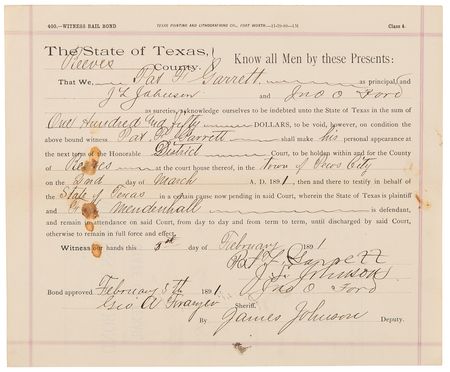 Lot #8058 Pat Garrett Document Signed - State of Texas Bail Bond, with Forged Check, Witness Attachment, and Grand Jury Indictment - Image 2
