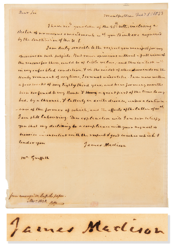 Lot 17 James Madison Autograph Letter Signed on US Constitution, Declining to Opine on 