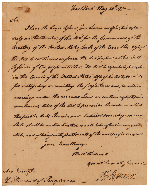 Lot 11 Thomas Jefferson Letter Signed as Secretary of State, Forwarding Thomas Mifflin Legislation Allowing Slavery in Tennessee Territory