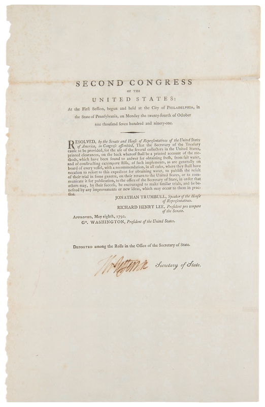 Lot 16 Thomas Jefferson Document Signed as Secretary of State, Promoting Desalination of Sea Water for American Ships