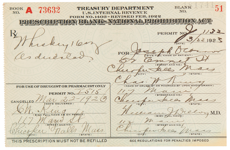 Lot 242 Prohibition: 1923 Liquor Prescription for Whiskey
