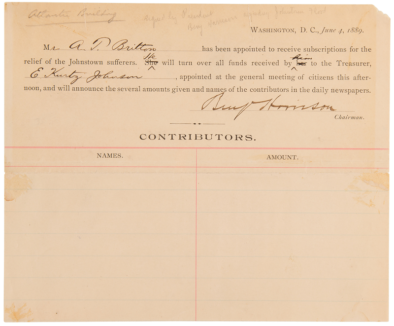 Lot 61 Benjamin Harrison Document Signed as President for Johnstown Flood Relief