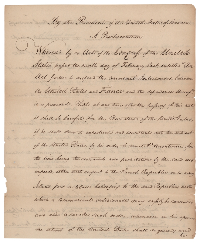 Lot 8 John Adams: Manuscript Proclamation of an Act of Congress, Restoring Trade with St. Domingo
