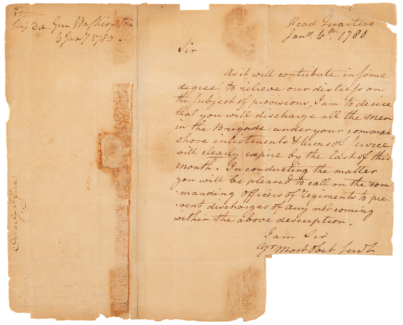 Lot 278 George Washington Revolutionary War-Dated Manuscript Letter, Discharging Troops Due to Lack of Provisions (1780)