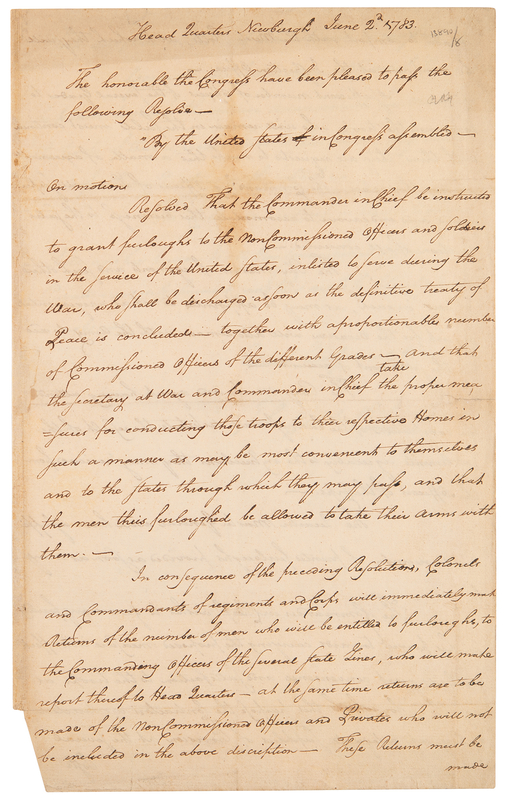 Lot 277 George Washington: John Carlile Revolutionary War-Dated Autograph Document Signed from Washington's Headquarters, Announcing Congress's Order to Disband the Continental Army