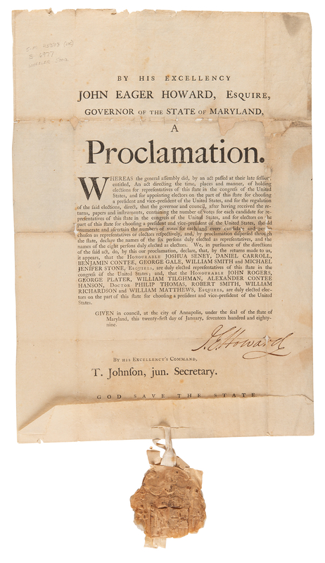 Lot 4 George Washington: Governor John Eager Howard of Maryland Proclaims Electors for the First Presidential Election in the United States