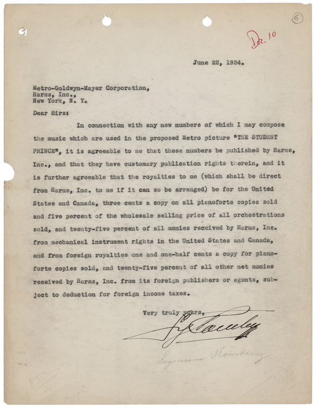 Lot 514 Sig Romberg Typed Letter Signed