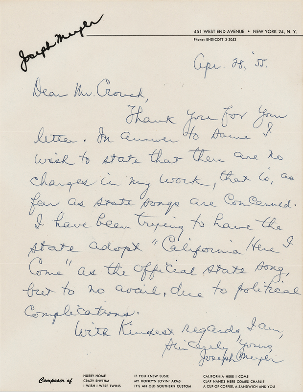 Lot 526 Joseph Meyer Autograph Letter Signed: 