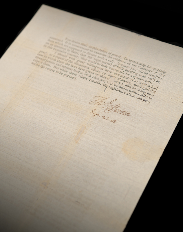 Lot 12 Thomas Jefferson Letter Signed as President on the Embargo Act of 1807: 