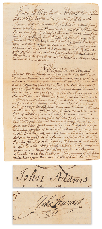Lot 137 John Hancock and John Adams Rare Dual-Signed Legal Maritime Document (December 19, 1771) - Dated a Year After the Boston Massacre and Before the Coming Boston Tea Party
