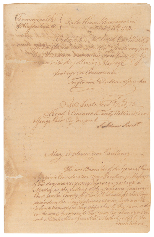 Lot 131 Samuel Adams War-Dated Document Signed as President of the Massachusetts Senate (February 18, 1783) - Endorsing a Resolution Sent to Governor John Hancock