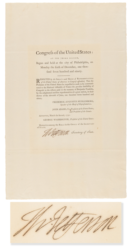 Lot 9 Thomas Jefferson Document Signed as Secretary of State, Acknowledging France's Tribute 
