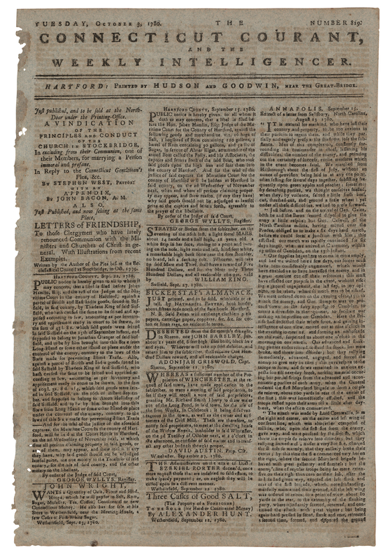 Lot 323 Benedict Arnold: The Connecticut Courant, and the Weekly Intelligencer (October 3, 1780) - 
