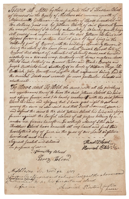 Lot 348 Lexington and Concord: Thaddeus Blood Document Signed - Minute Man Who Influenced Emerson's 'Concord Hymn'