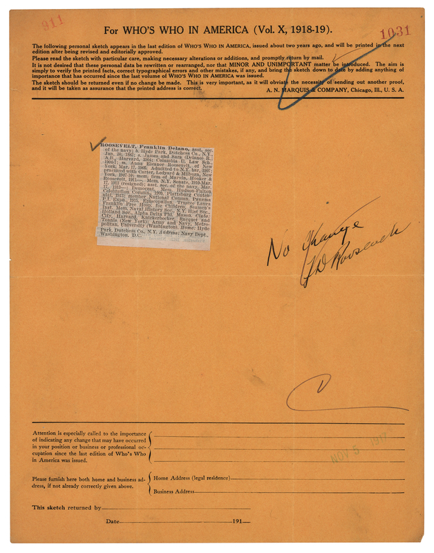 Lot 105 Franklin D. Roosevelt Document Signed - Approving Biography for Who's Who in America (1918)