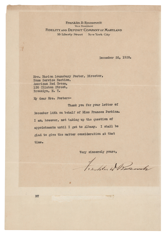 Lot 106 Franklin D. Roosevelt Typed Letter Signed on Frances Perkins, the First Woman Cabinet Secretary