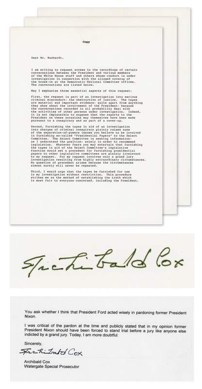 Lot 197 Archibald Cox Signed Souvenir Typescript and Typed Note Signed