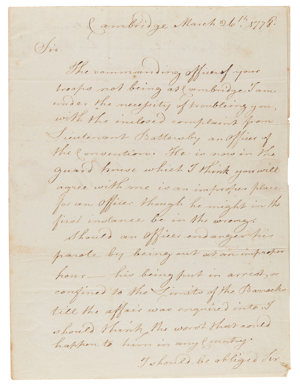 Lot 268 John Burgoyne War-Dated Letter Signed to Major General William Heath, Seeking to Relocate a Captured Lieutenant from the Saratoga Surrender (March 26, 1778)