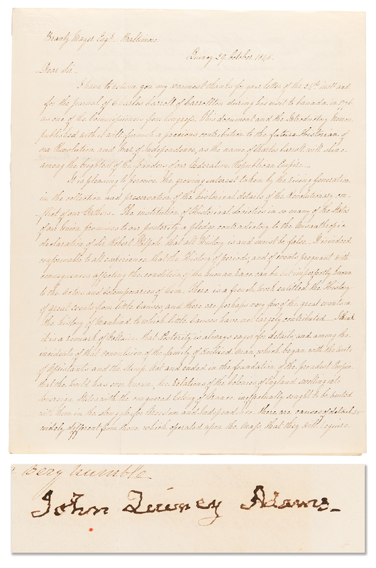 Lot 19 John Quincy Adams Letter Signed on Charles Carroll, Robert Walpole, and Preserving the History of the American “struggle for Freedom and Independence”