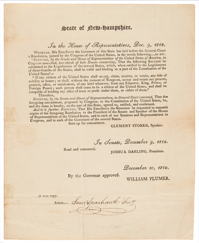 Lot 236 New Hampshire: War-Dated Transmittal Letter from Governor Plumer, Forwarding a Resolution for the 'Original' Thirteenth Amendment, the Titles of Nobility Amendment (December 1812)
