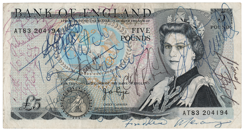 Lot 504 Queen: Freddie Mercury Twice-Signed £5 Banknote