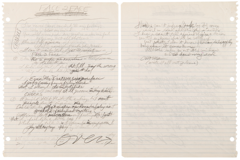 Lot 501 Prince Handwritten Song Lyrics for 'Face 2 Face'