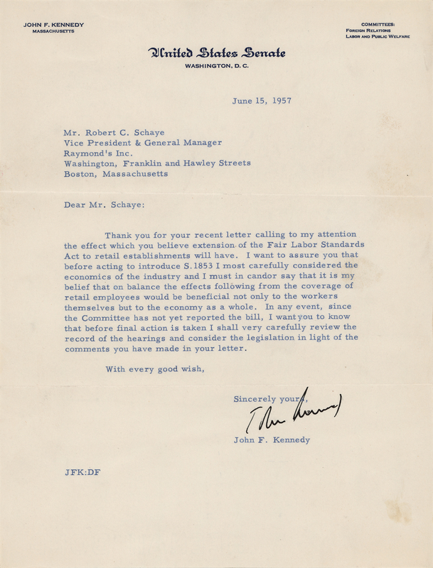 Lot 78 John F. Kennedy Typed Letter Signed as a Massachusetts Senator - Promoting to Amend the Fair Labor Standards Act