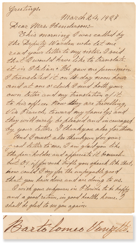 Lot 176 Bartolomeo Vanzetti Autograph Letter Signed from Prison, Urging Family and Friends to Temper Their Optimism Two Weeks Before Being Sentenced to Death